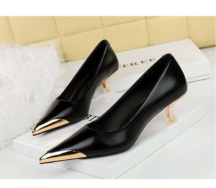 BIGTREE Retro Shallow Metal Pointed Toe High Heels Women Pumps  Stripper Elegant Party Thin Low Heels Black Heels Shoes