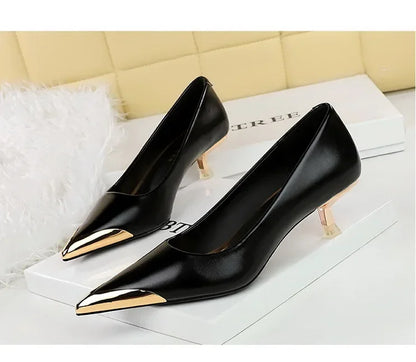 BIGTREE Retro Shallow Metal Pointed Toe High Heels Women Pumps  Stripper Elegant Party Thin Low Heels Black Heels Shoes