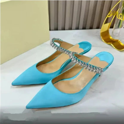 Women's Sandals 2026 New High Heels Fashion Water Diamond Chain Banquet Pointed Fine Heels Women's Muller Shoes