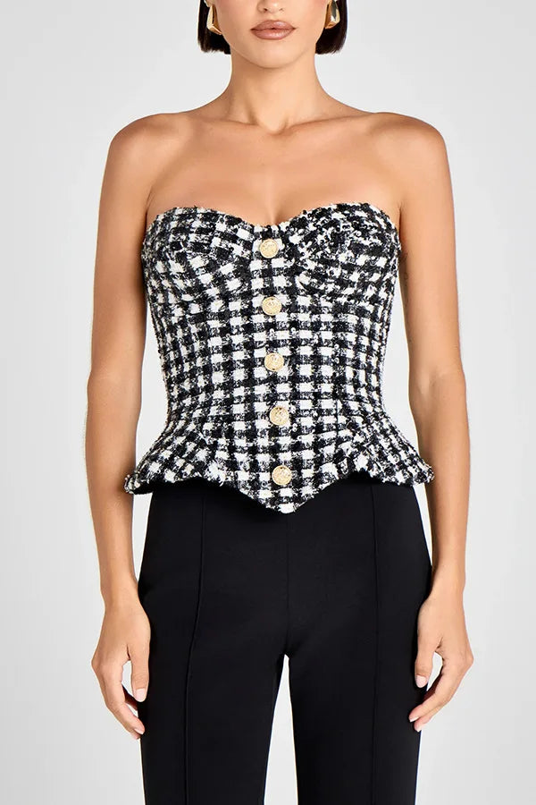 Vintage Plaid Tube Top Vest Women Fashion Sexy Hot Girl Buttons Irregular Slim Sleeveless Cropped Top Party Streetwear Female