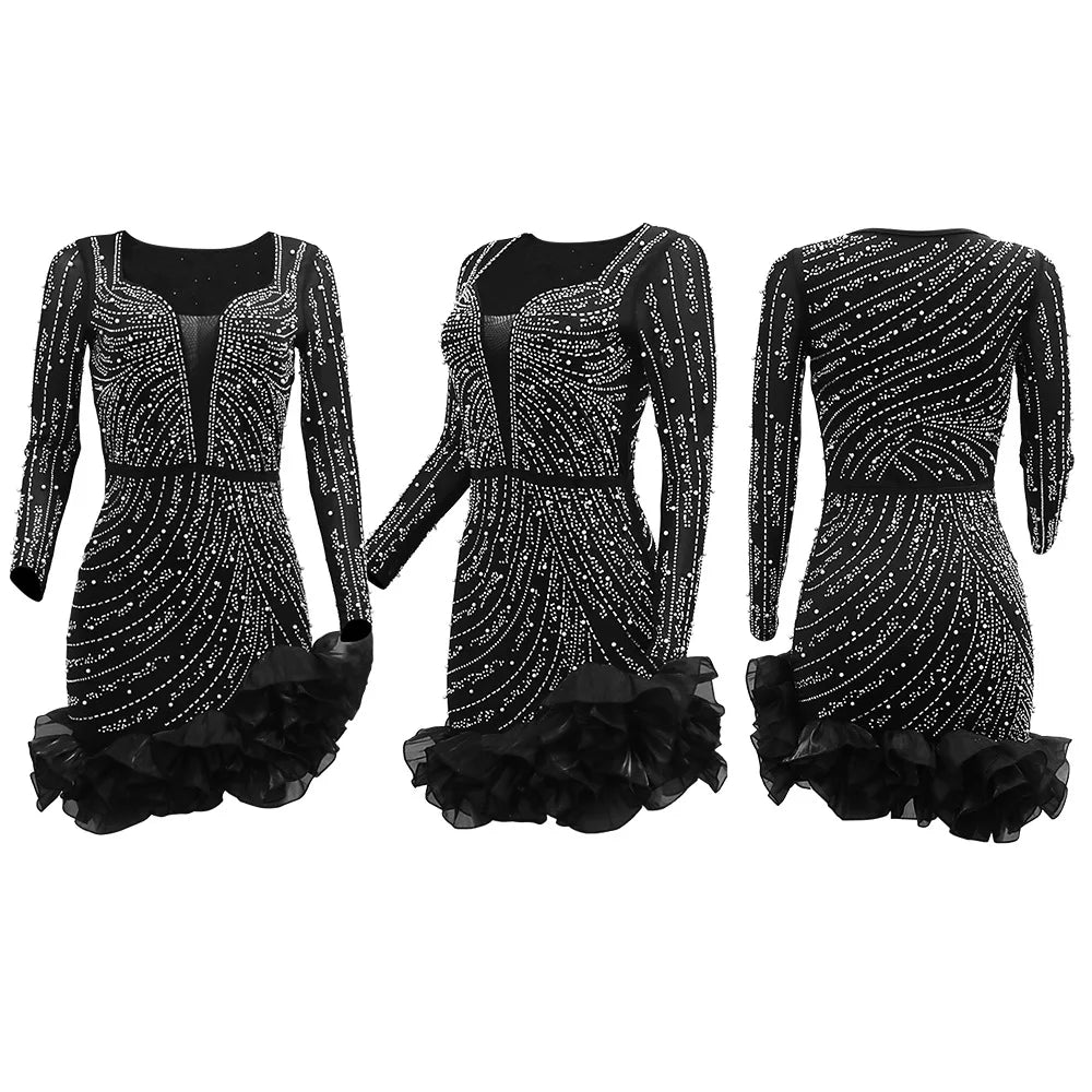 CM.YAYA Spring Women Long Sleeve Ruffles Hot Drilling Bead Short Dress Sexy Night Club Evening Birthday Mini Dresses Vestidos