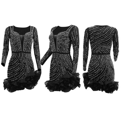 CM.YAYA Spring Women Long Sleeve Ruffles Hot Drilling Bead Short Dress Sexy Night Club Evening Birthday Mini Dresses Vestidos