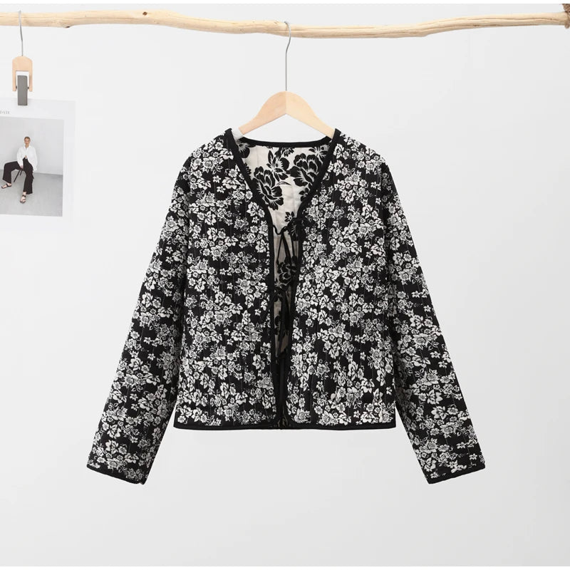 HH Floral Print Jacket For Women Autumn Quilted Reversible Cotton Coat Cardigan Long Sleeve Jackets Elegant Woman Streetwear