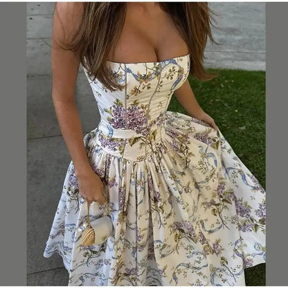 Chic Flower Print A-line Maxi Dress Women Elegant High Waist Strapless Backless Slim Vestidos Lady Summer Vacation Robes LIX8