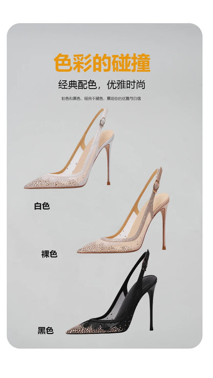 New Baotou sexy sandals with one buckle and summer mesh, rhinestone high heels for women, slim heels, shallow mouth