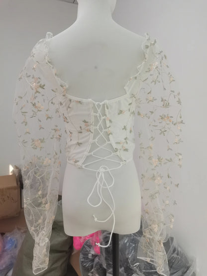 Sexy Spicy Girl Mesh Long Sleeve Corsets Shaper Flower Embroidery Bustiers Fishbone Slim Fit Fashion Versatile Women Corset Top