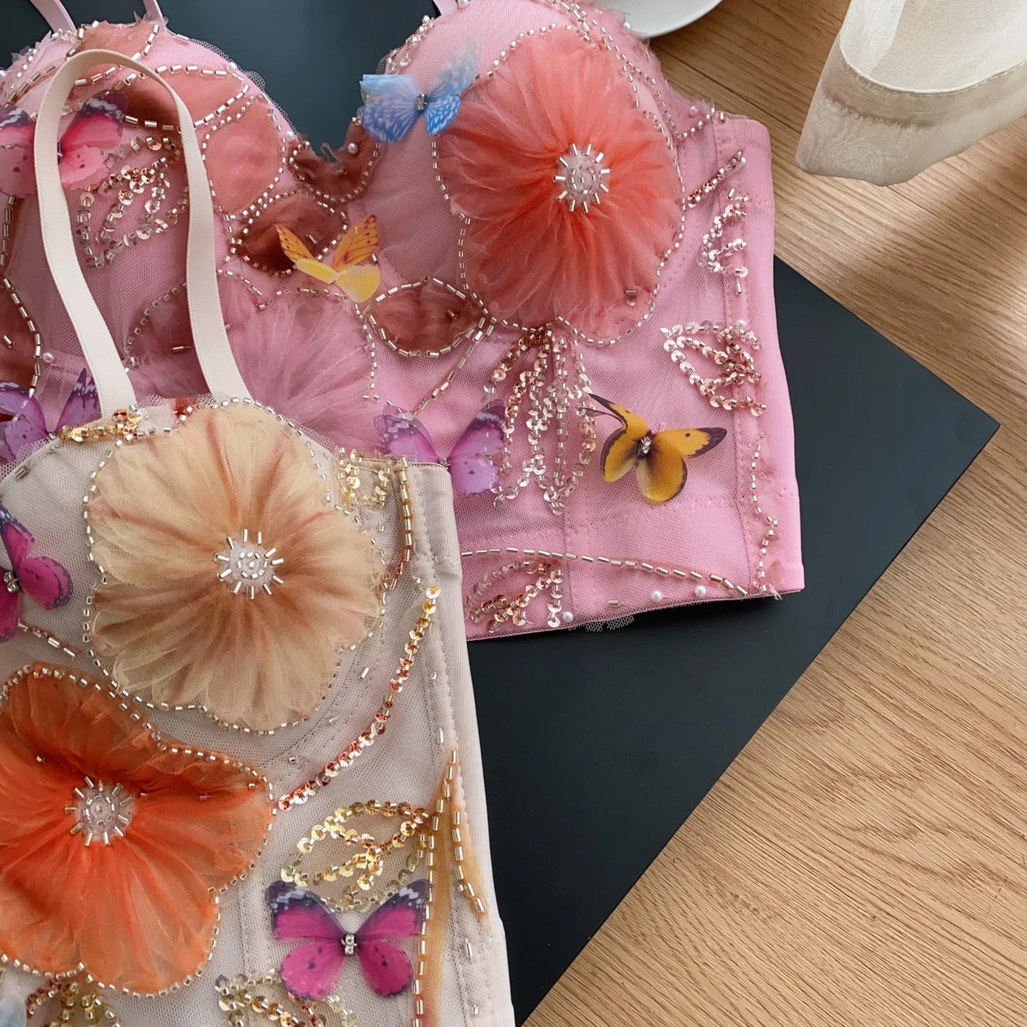 SINGREINY Embroidery Flower Camis Women Strapless Sleeveless Luxury Camisole Slim Hot Summer Sequined Butterfly Sexy Mini Tops