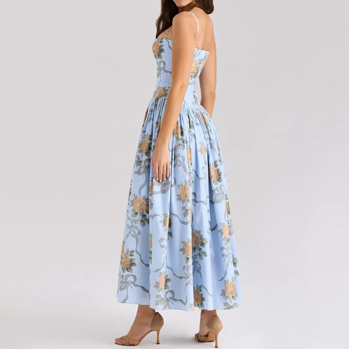 Oligai Floral Print Midi Sundress Elegant Spaghetti Strap Flowy Dress Aussie Summer Women Boho Chic Beach Dress