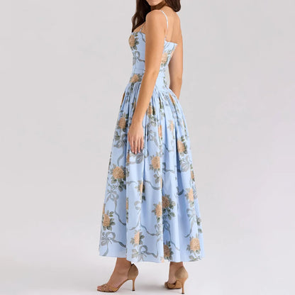 Oligai Floral Print Midi Sundress Elegant Spaghetti Strap Flowy Dress Aussie Summer Women Boho Chic Beach Dress