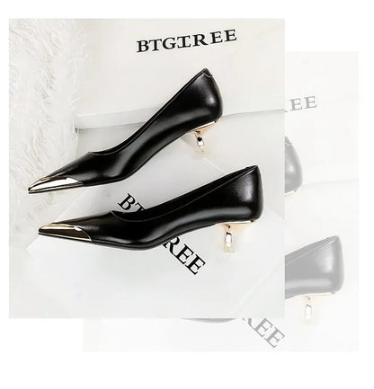 BIGTREE Retro Shallow Metal Pointed Toe High Heels Women Pumps  Stripper Elegant Party Thin Low Heels Black Heels Shoes