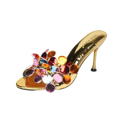 Floral High Heel Open Toe Sandals Women's Versatile Casual Slip-On Shoes Fashionable European Style round Toe Rubber Outsole