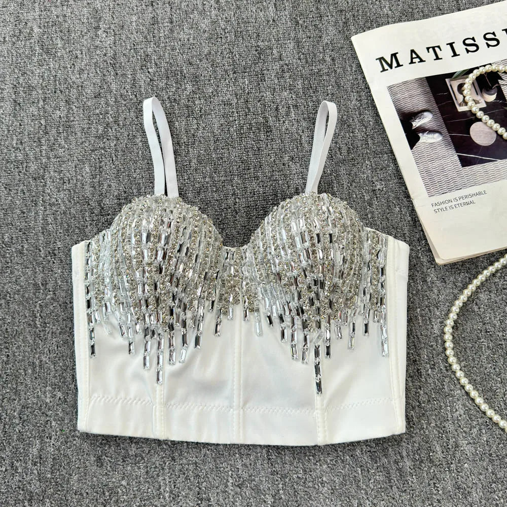 Sexy Club Dancing Csole Diamond Embellied ort Vest Inner Wear Outerwear Trendy Fibone Bra Top Women's Vest