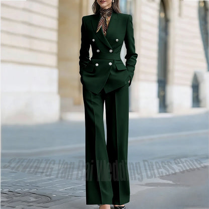 Customized Straight Women's Suits Two Pieces Classic Double Breasted Solid Color High Street Business Casual Office Suit Set