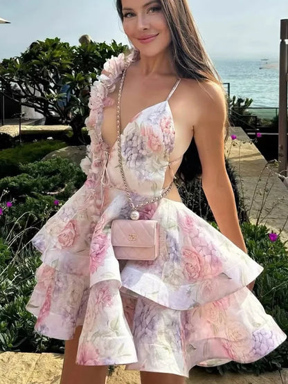 FSMG Sweet Pink 3D Flower Ruffles Mini Camisole Dress Fashion Sexy V Neck Sleeveless Backless Short Skirt Evening Party Vestidos