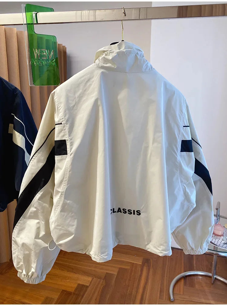 American retro drawstring black and white contrast stitching coat women's autumn new loose leisure sports baseball uniform