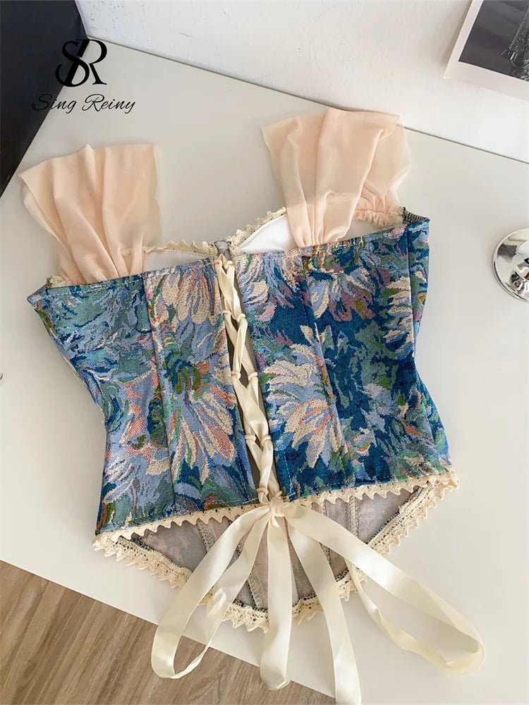SINGREINY American Retro Print Evening Camisole Female Strap Lace Spliced Slim Top 2025 Streetwear Floral Vintage Beach Tank Top