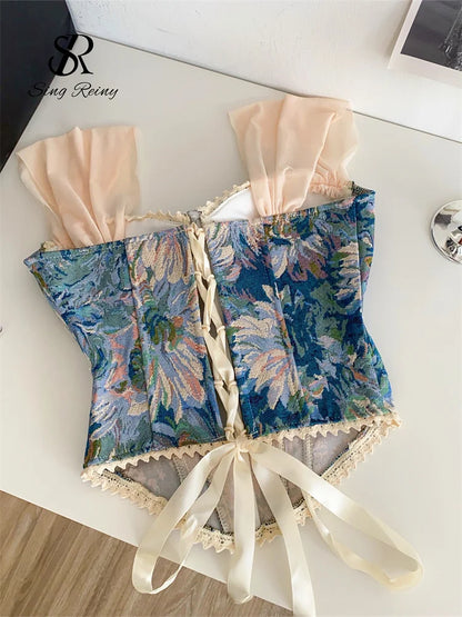 SINGREINY American Retro Print Evening Camisole Female Strap Lace Spliced Slim Top 2025 Streetwear Floral Vintage Beach Tank Top