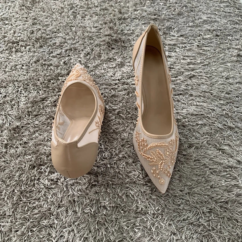 String Bead Mesh Embroider High Heels Women Sexy Pointed Toe Heeled Sandals Summer Elegant Luxury Designer Wedding Pumps Shoes