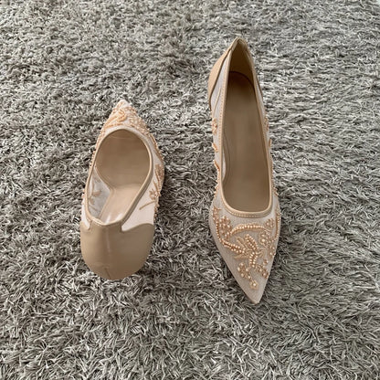 String Bead Mesh Embroider High Heels Women Sexy Pointed Toe Heeled Sandals Summer Elegant Luxury Designer Wedding Pumps Shoes