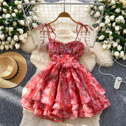 SINGREINY Holiday Print Flowy Birthday Dress Women Strap Butterfly Vacation Cake Sundress Organza Luxury Party Short Dress