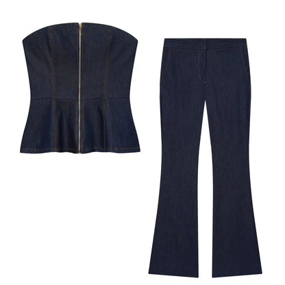 HH Women Summer Sexy Tube Top Zipper Sleeveless Short Top+Mid-Waist High Street Casual Trousers Fashion Denim 2-Piece Set