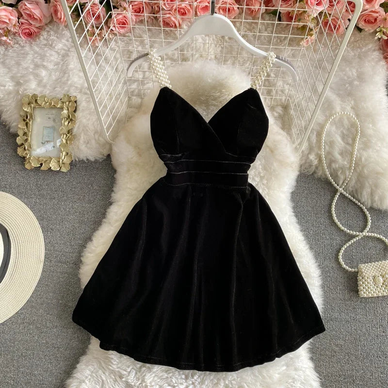Summer Strap Dress Women Red Velvet A-line Mini Evening Dress Vintage Off Shoulder Luxury Y2K One Piece Frocks Clothes 2025 New