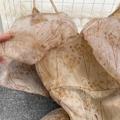 Women Elegant Bow Sexy Chiffon Print A-line Dress Summer One Shoulder High Waist Slim Vintage Seaside Party Vacation Robe