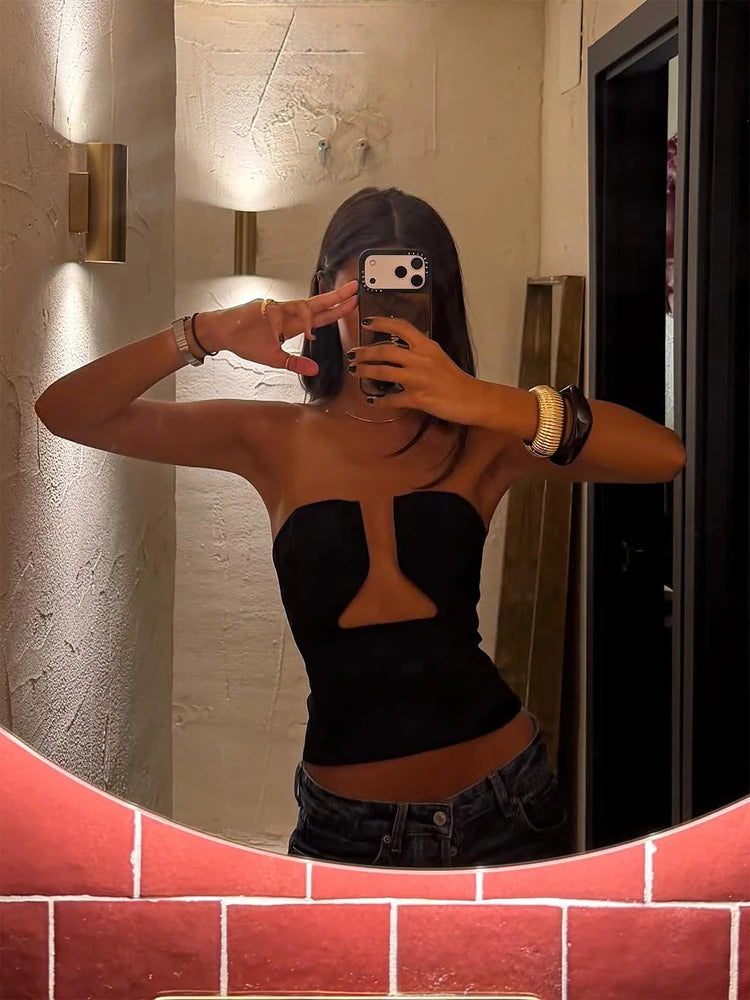 Women Sexy Solid Strapless Cutout Tube Vest Hollow Out High Neck Fitted Crop Camisole 2026 Lady Party Date Night Streetwear Top