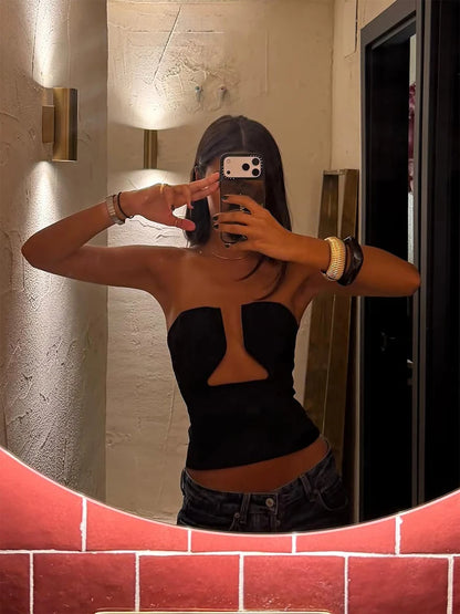 Women Sexy Solid Strapless Cutout Tube Vest Hollow Out High Neck Fitted Crop Camisole 2026 Lady Party Date Night Streetwear Top