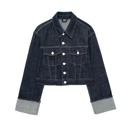 Women's Fashion Suit Retro Splicing Single-breasted Pocket Denim Jacket+High-waisted Women's Zippered Wide-leg Pants 2-piece Set