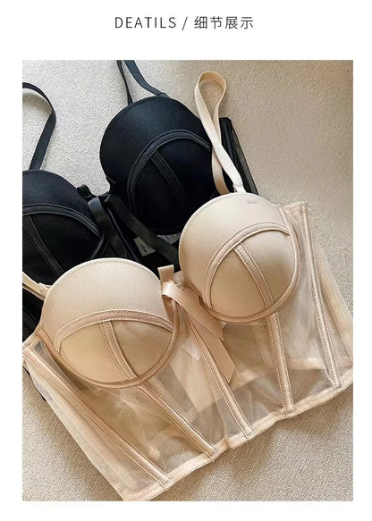 French Ladies Transparent Mesh Corset Sexy Shaper Thin Bra Set Night Club Sweet Cropped Top Girls Hot Bra and Panties Bralette