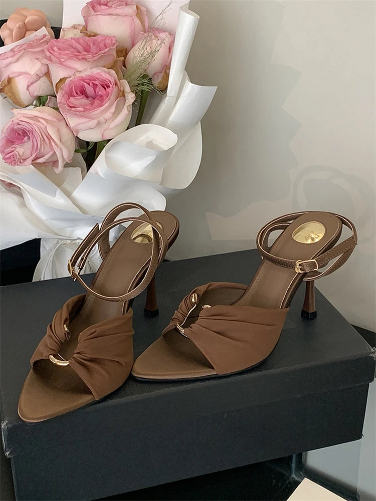 Eilyken Summer Fashion Thin Heels Pleated Hollow Out Buckle Strap Women Sandals Pointed Toe Banquet Party Female Shoes  6CM 9CM