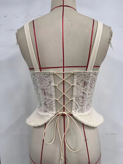 Sexy Beige Floral Embroidered Lace Fishbone Vest Women Summer Strap Underwire Slim Ruffles Tank Tops Lady Club Party Camisole