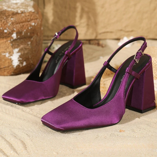 High Quality Purple Satin Chunky Heel Women Pumps Square Toe Buckle Design Elegant Heeled Sandals Luxury Wedding Bridal Shoes