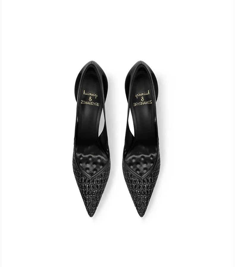 Summer New Women's Black Leather Woven Fashionable and Sexy Pointed Thin Heel High-heeled Shoes
