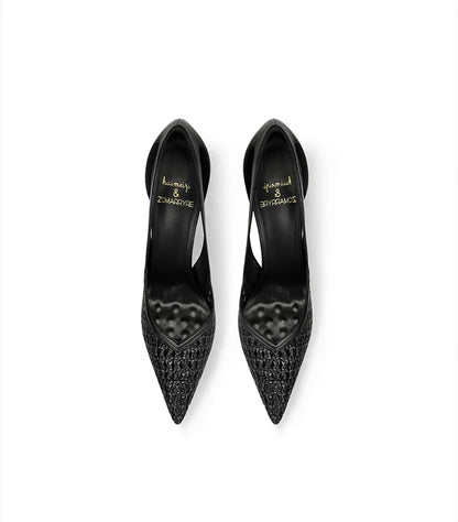 Summer New Women's Black Leather Woven Fashionable and Sexy Pointed Thin Heel High-heeled Shoes