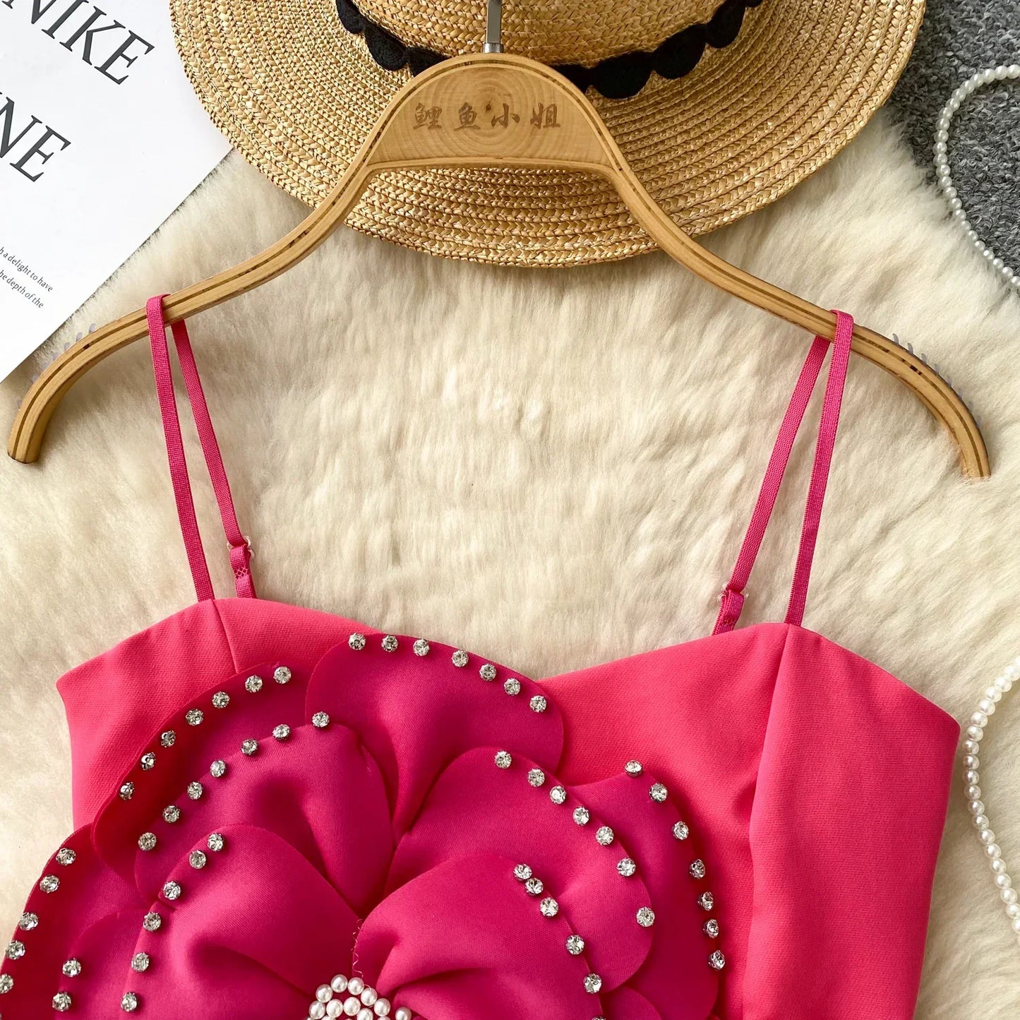 New French Sweet Strap Camisole Strapless 3D Floral Beading Diamonds Design Tops Elastic Ruched Slim Streetwear Tank Top
