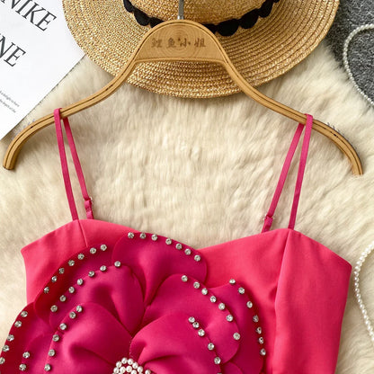 New French Sweet Strap Camisole Strapless 3D Floral Beading Diamonds Design Tops Elastic Ruched Slim Streetwear Tank Top