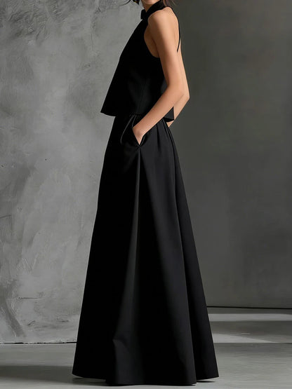 2026 Women Summer Casual Holiday Halter Sleeveless Pullover Top with Wide Leg Pants Two-Piece Set Backless Patchwork Chic Outfit