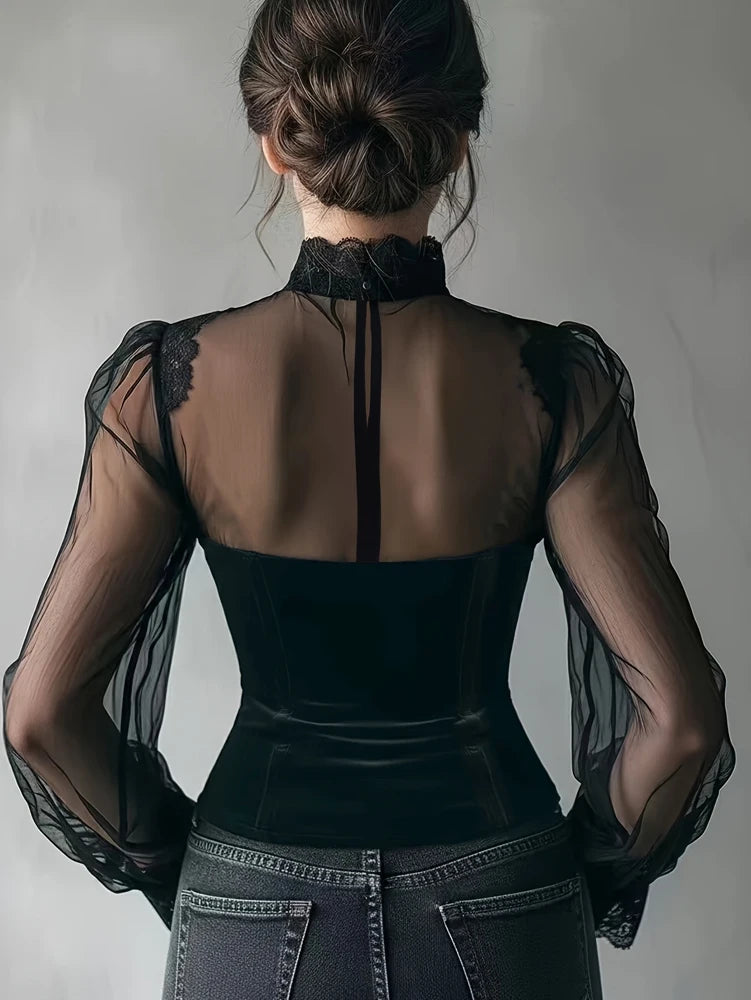 Women's Spring/Fall 2026 New Arrival Elegant Lace-Panel Cutout Bell-Sleeve Tie-Waist Top Everyday Lace-Panel Design
