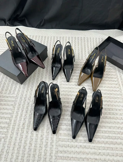 Black Pointed Toe High Heels Thin Heel Metal Cap Sandals Women's Shoes Elegant Painted Leather Sexy Fine Heel New 2025