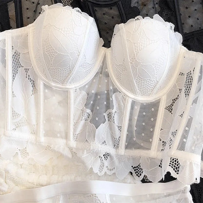 French Ladies Transparent Mesh Corset Sexy Shaper Thin Bra Set Night Club Sweet Cropped Top Girls Hot Bra and Panties Bralette