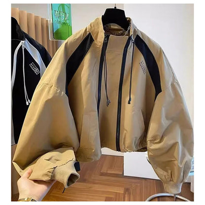 Design  niche loose casual stand up collar trench coat, women's spring and autumn short jacket double zipper