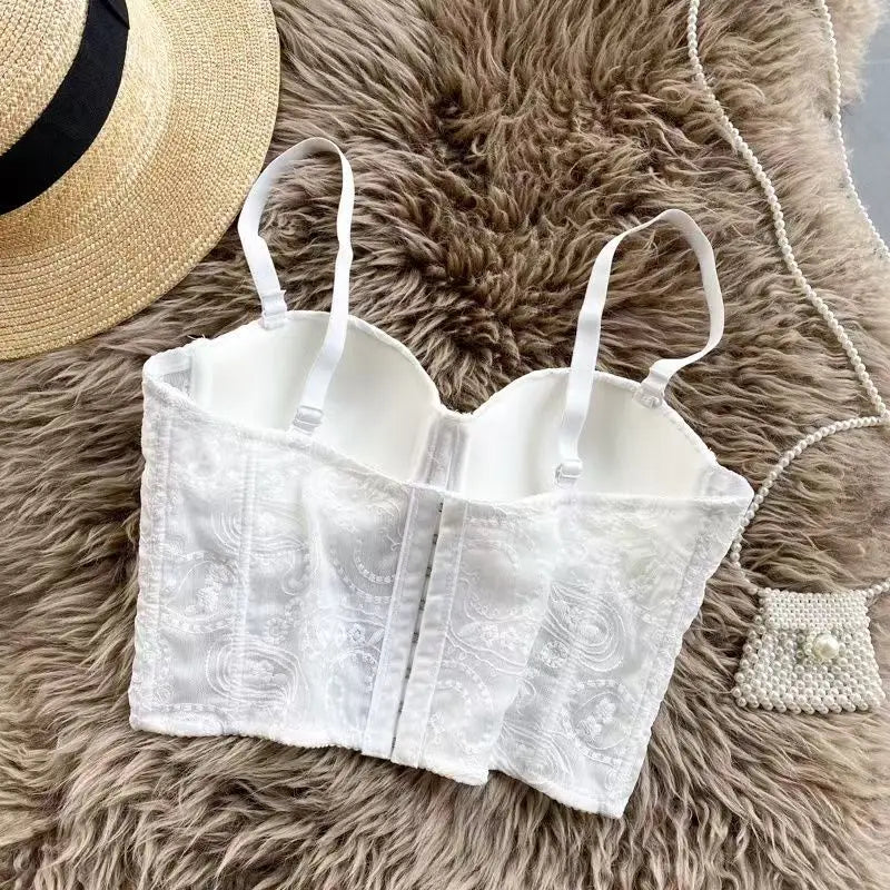 Women Crocheted 3D Lace Corset Stylish Floral Embroidery Bustier Push Up Bra Lady Tank Top Elegant Cropped Top Club Party Bralet