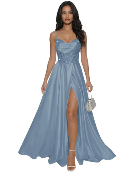 Pleated Satin A Line Prom Dresses for Women Spaghetti Straps Sequin Corset Formal Dress with Slit Formal Dress Women Elegant