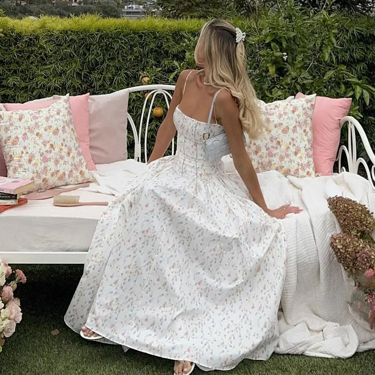 Oligai Floral Print Midi Sundress Elegant Spaghetti Strap Flowy Dress Aussie Summer Women Boho Chic Beach Dress