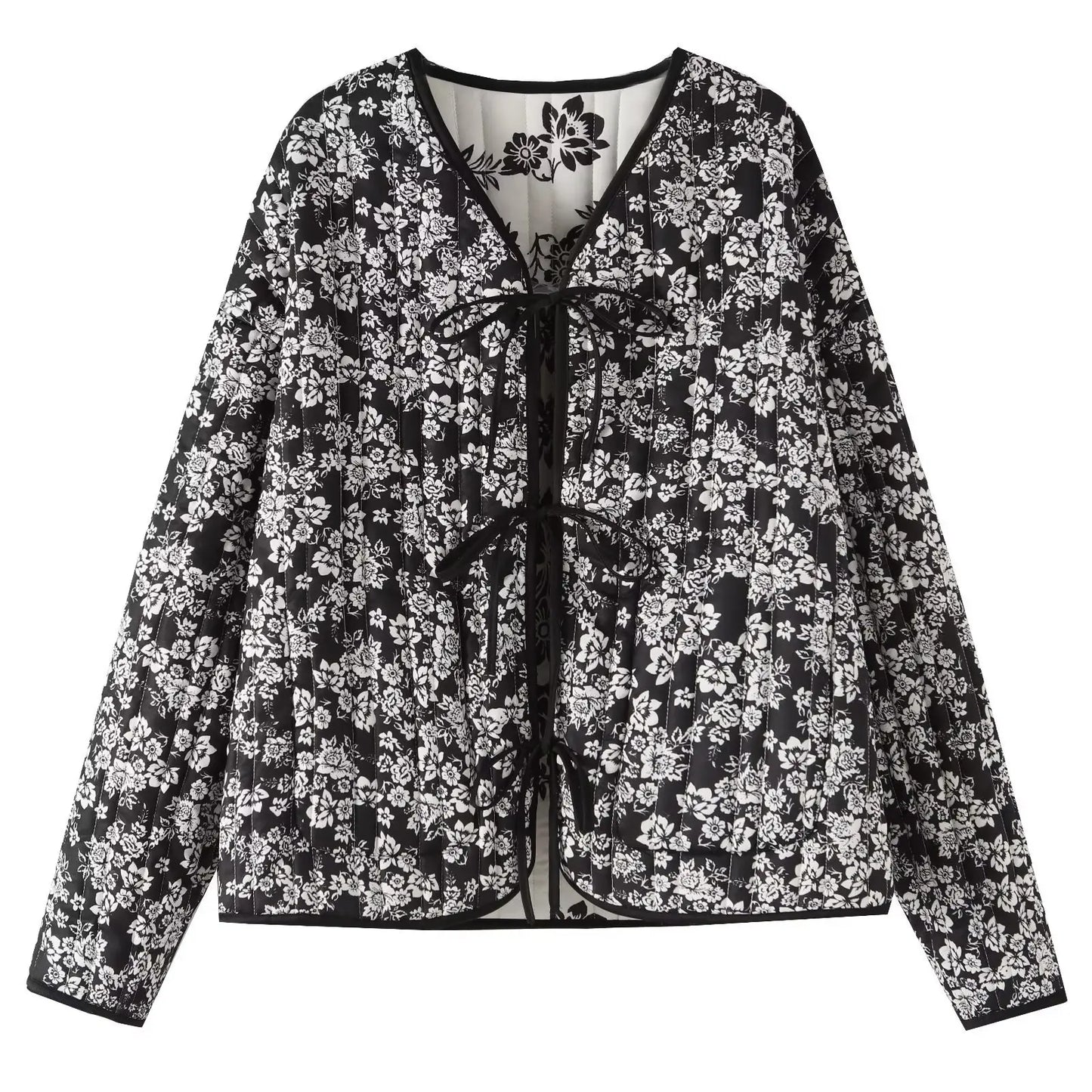 HH Floral Print Jacket For Women Autumn Quilted Reversible Cotton Coat Cardigan Long Sleeve Jackets Elegant Woman Streetwear