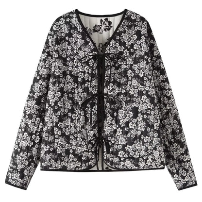 HH Floral Print Jacket For Women Autumn Quilted Reversible Cotton Coat Cardigan Long Sleeve Jackets Elegant Woman Streetwear