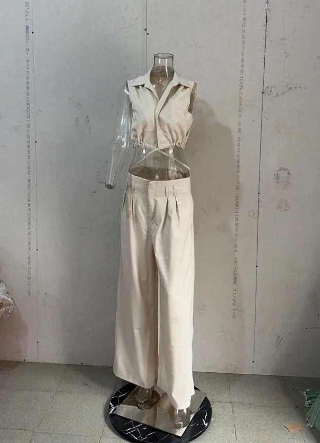 Womens 2 Piece Pants Set Solid Lapel V Neck Sleeveless Crop Top + Casual High Waist Pocket Wide Leg Pants Set Streetwear