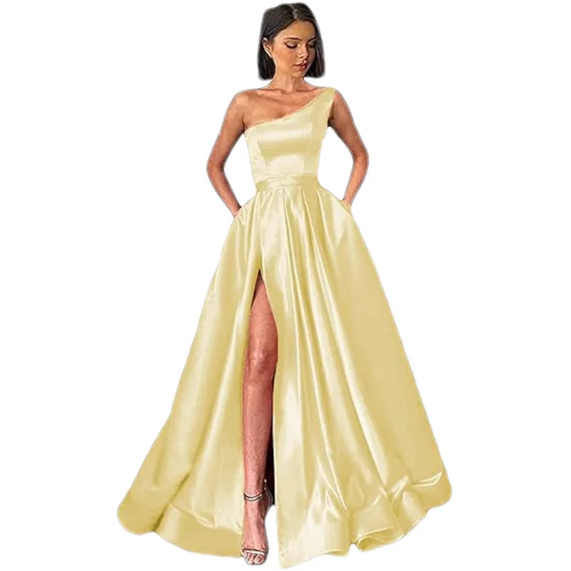 Customized Women's One Shoulder Prom Dresses Long Ball Gown High Slit Satin Corset Formal Dress Evening Gowns with Pockets
